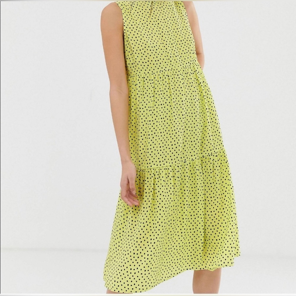 MNG Smocked midi Polka Dot High Neck dress SZ L
